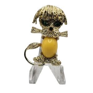 Vintage Terrier Dog Brooch Yellow Cabochon Belly Green Eyes Figural Pin